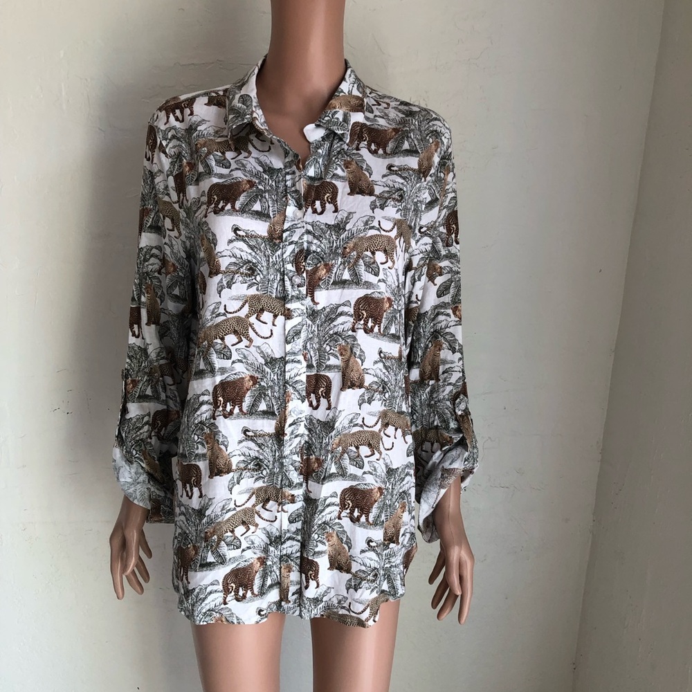 Jane + Delancey Jungle Animal Print Button-Up Shirt White/Brown Women’s Size XL